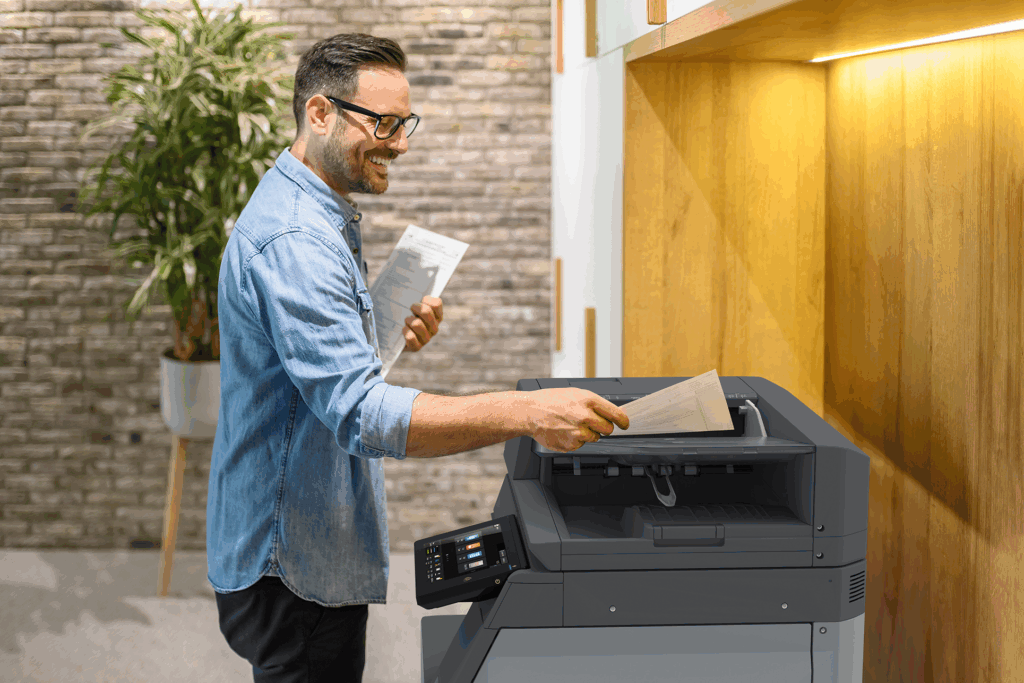 gentlemen using the printer to make copies